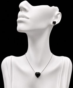 Conjunto Colar e Brinco Níquel Pedra Fusion Coração Preto