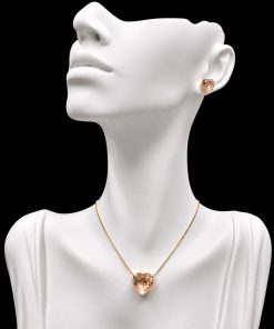 Conjunto Colar e Brinco Dourado Pedra Fusion Coração Light Peach