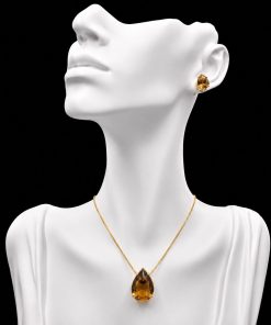 Conjunto Colar e Brinco Dourado Pedra Fusion Gota Caramelo