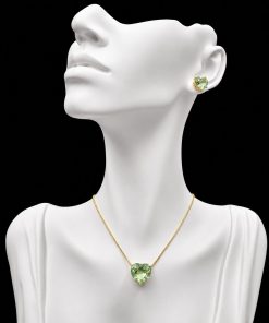 Conjunto Colar e Brinco Dourado Pedra Fusion Coração Verde Água