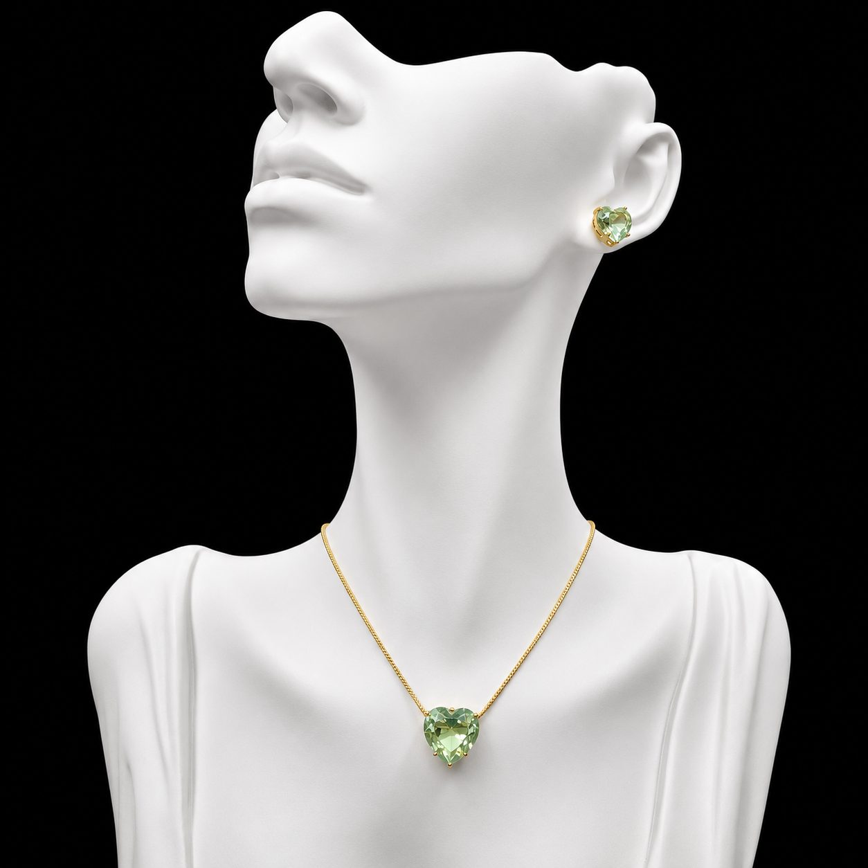 Conjunto Colar e Brinco Dourado Pedra Fusion Coração Verde Água