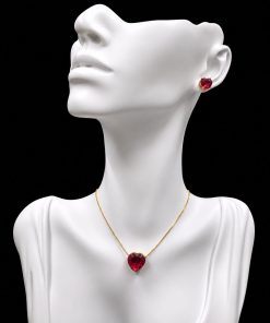 Conjunto Colar e Brinco Dourado Pedra Fusion Coração Fúcsia