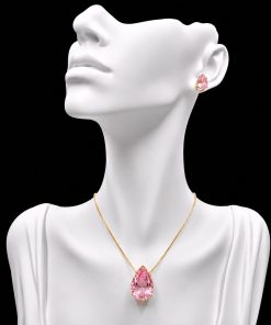 Conjunto Colar e Brinco Dourado Pedra Fusion Gota Rosa