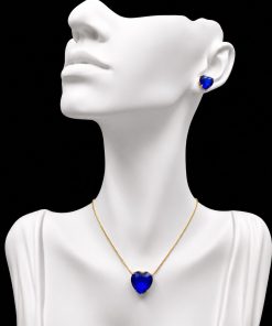 Conjunto Colar e Brinco Dourado Pedra Fusion Coração Azul BIC