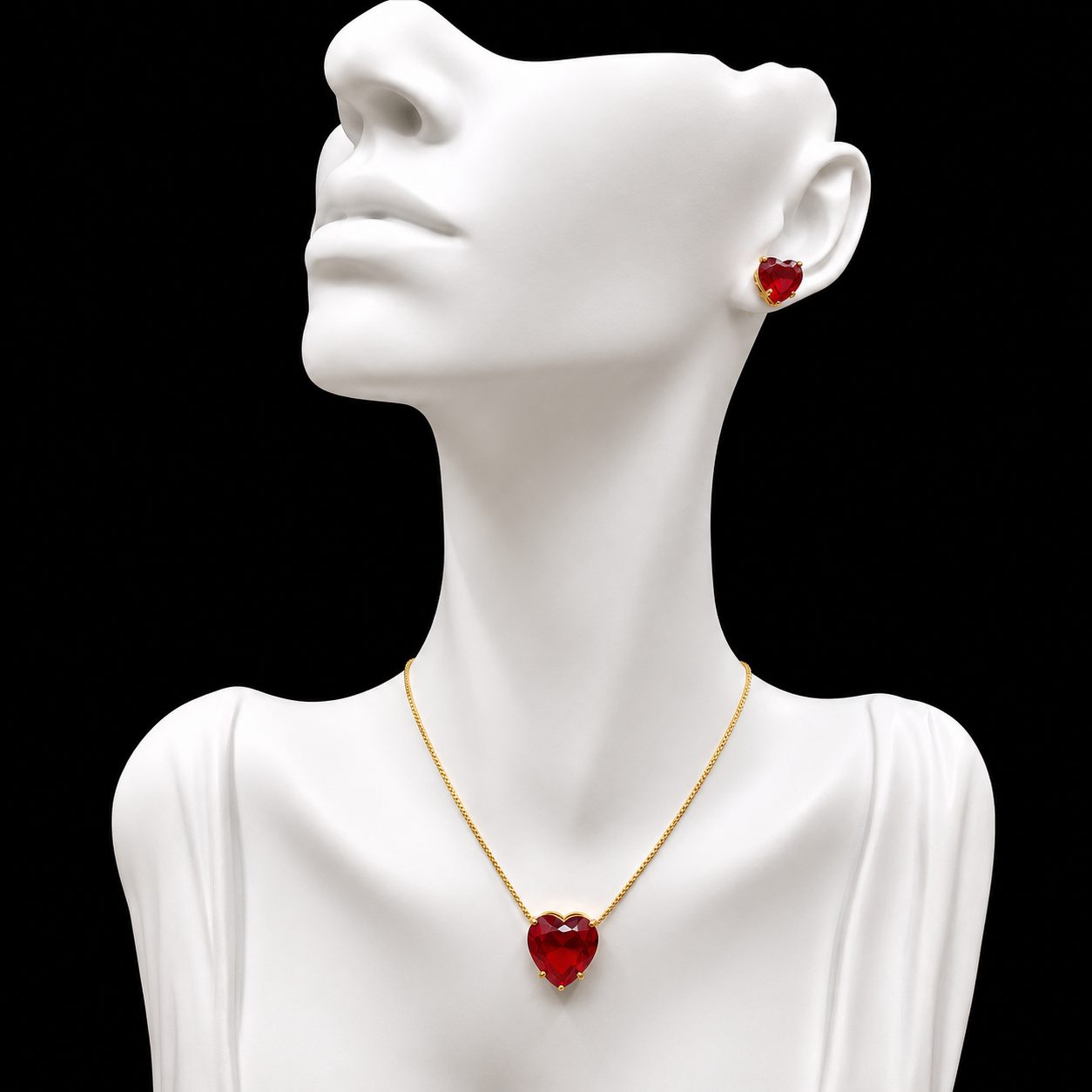 Conjunto Colar e Brinco Dourado Pedra Fusion Coração Vermelho
