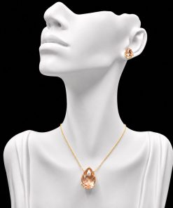 Conjunto Colar e Brinco Dourado Pedra Fusion Gota Light Peach