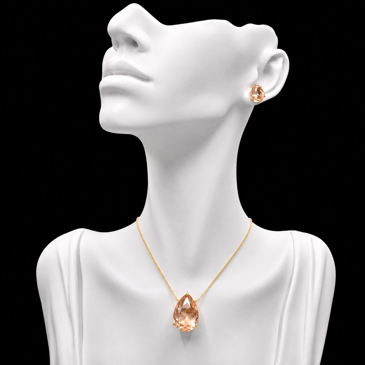 Conjunto Colar e Brinco Dourado Pedra Fusion Gota Light Peach