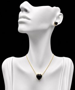 Conjunto Colar e Brinco Dourado Pedra Fusion Coração Preto