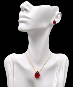 Conjunto Colar e Brinco Dourado Pedra Fusion Gota Vermelho