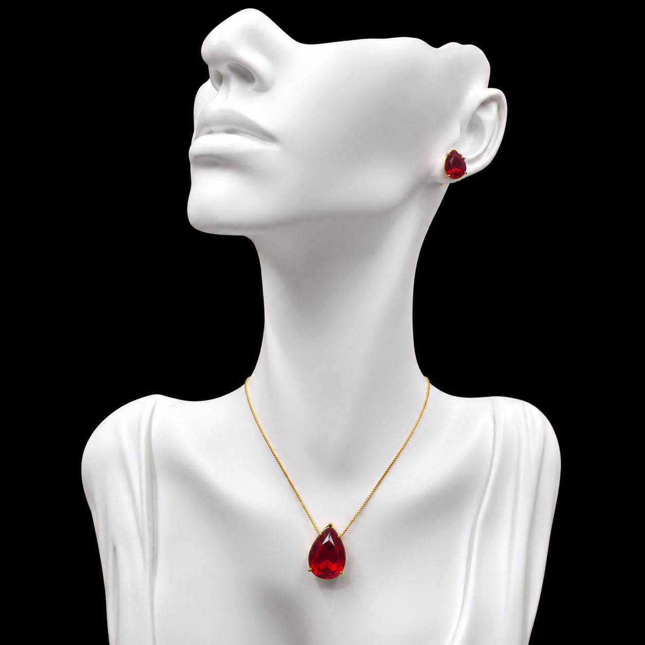 Conjunto Colar e Brinco Dourado Pedra Fusion Gota Vermelho