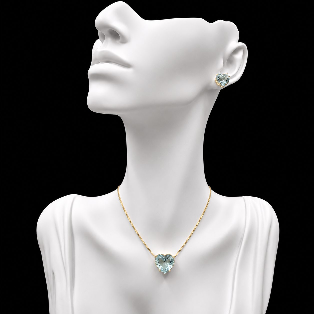 Conjunto Colar e Brinco Dourado Pedra Fusion Coração Azul Bebê