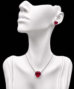 Conjunto Colar e Brinco Níquel Pedra Fusion Coração Vermelho