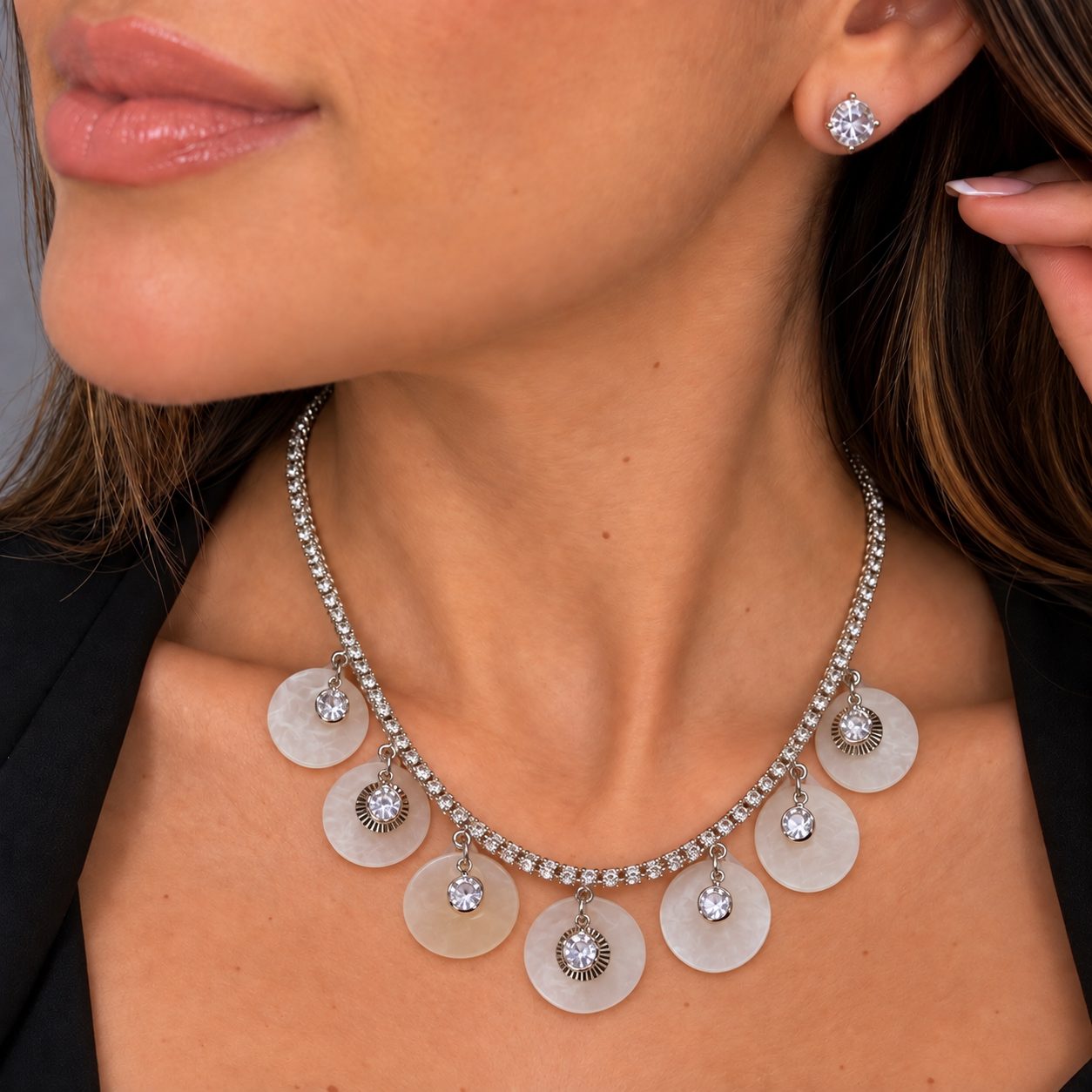 Conjunto Rivieira Brinco + Colar Semijoia níquel 018
