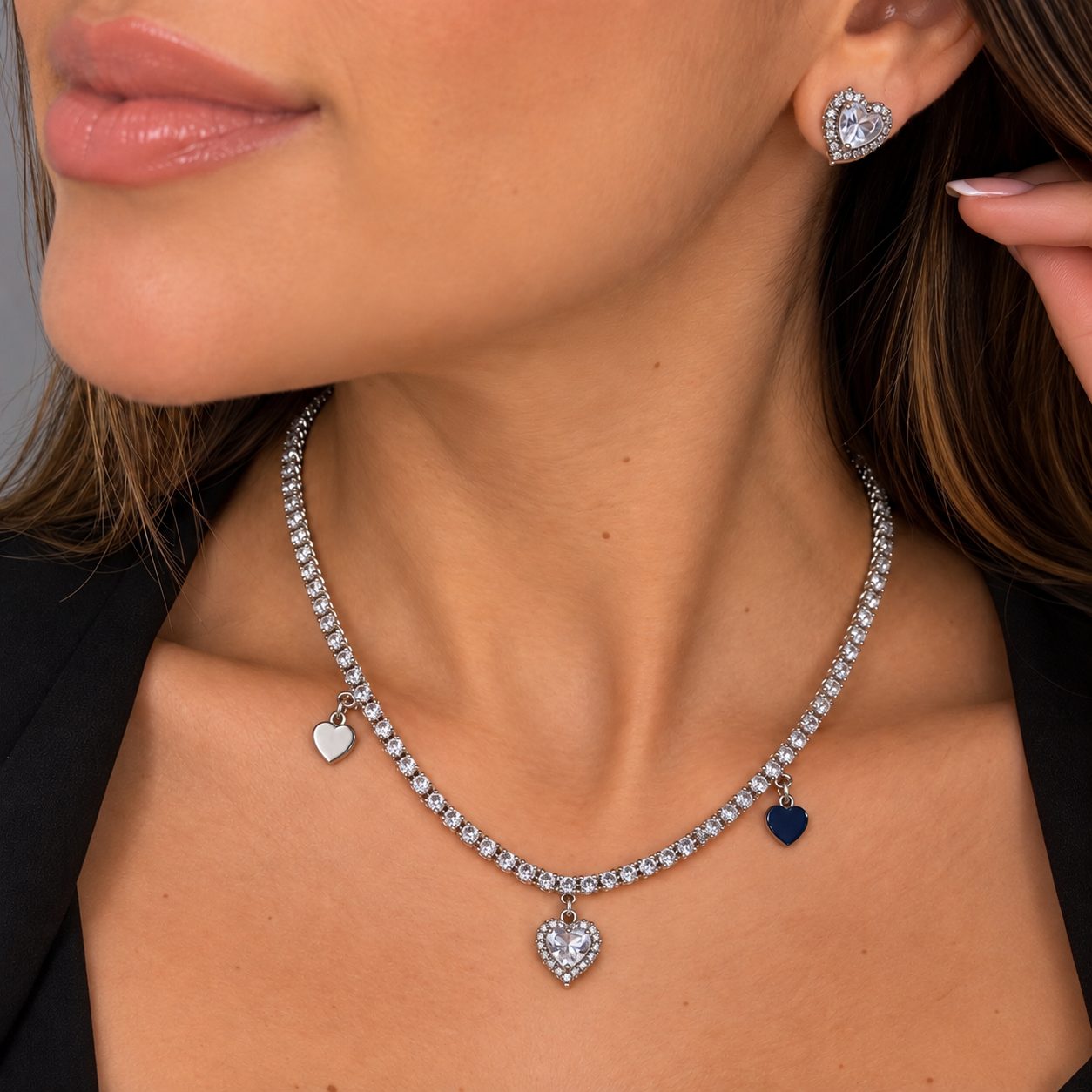 Conjunto Rivieira Brinco + Colar Semijoia níquel 016