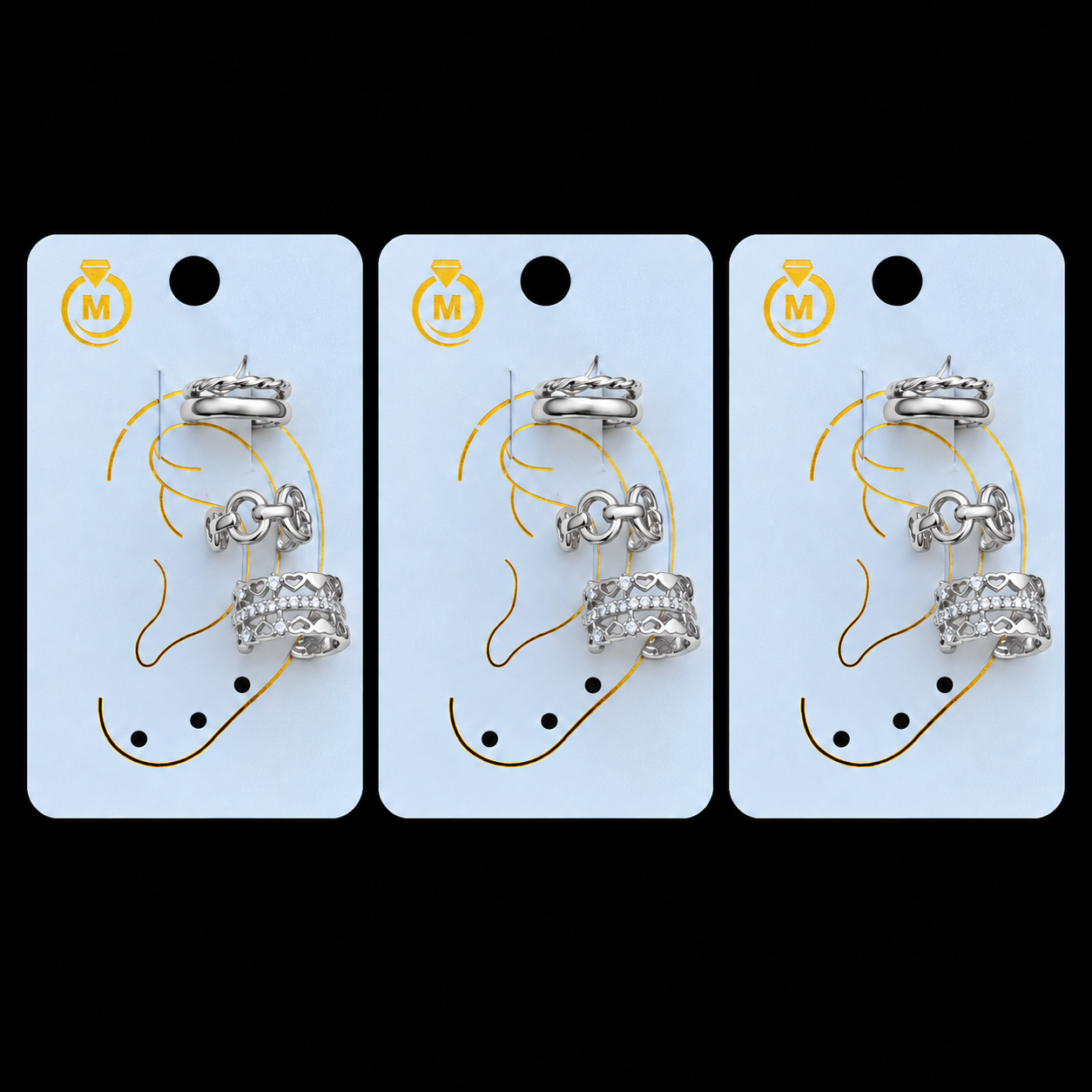 Kit 3 Trios Fake Piercing Bijoux Premium Prata 004