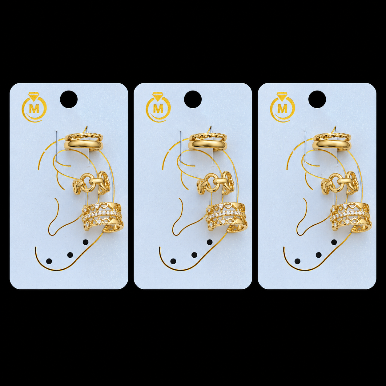 Kit 3 Trios Fake Piercing Bijoux Premium Dourado 003